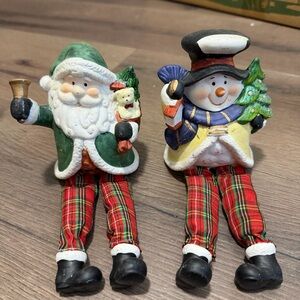 Ceramic Santa & Snowman W/Tree Shelf Sitters Fabric Legs Christmas Decor